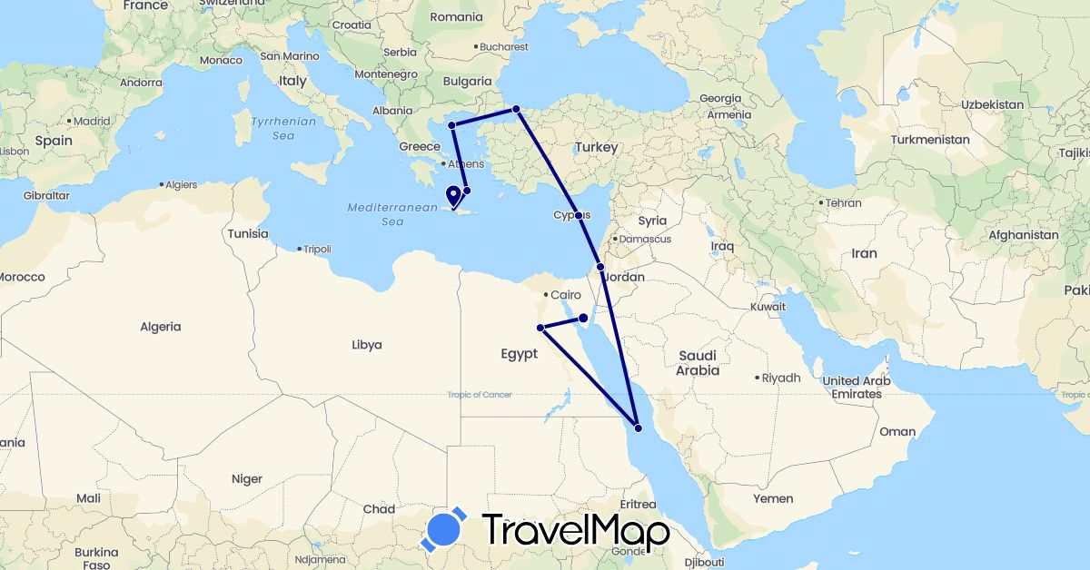 TravelMap itinerary: driving in Cyprus, Egypt, Greece, Israel, Turkey (Africa, Asia, Europe)
